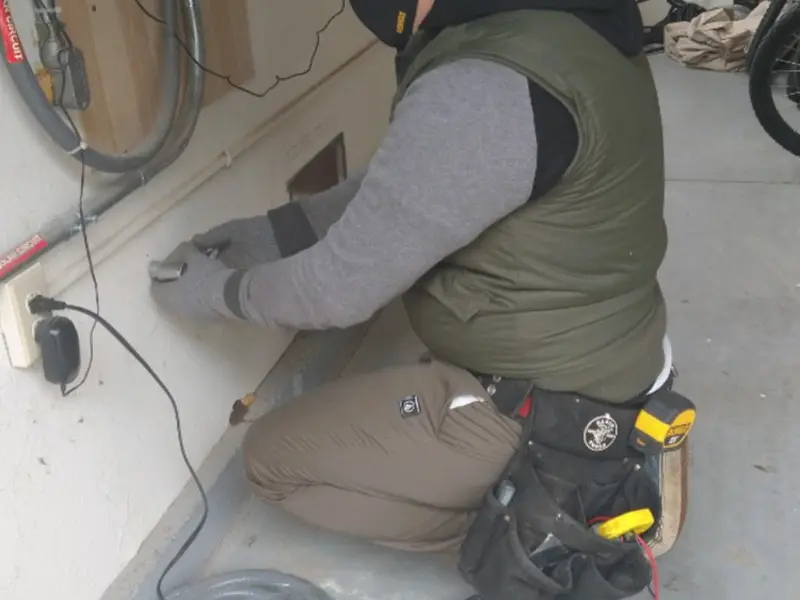 Electrician performing outlet wiring in a Massena garage